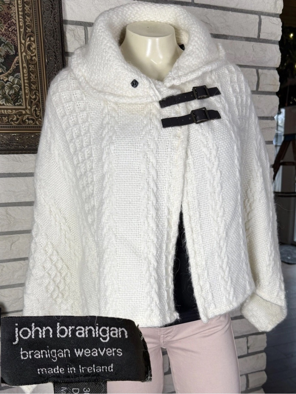 John Branigan Weavers Wool Cape Shawl Coat Sweater Ireland White Leather Closure